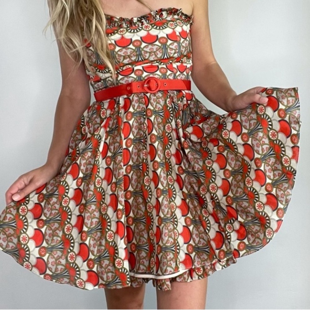 Alice & Olivia Orange & Tan Strapless Ruffle Dress NWT Large